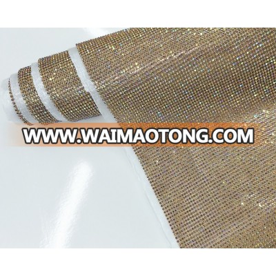 Big sale golden AB color iron on hot melt sheet beaded rhinestone metal mesh hot fix crystal aluminum sheet